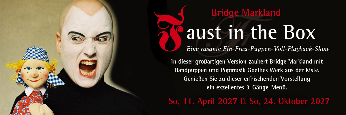 Die Berliner Performerin Bridge Markland ist eine Virtuosin des Rollenspiels und der Verwandlung und gastiert mit »Faust in the Box« 2027 in Auerbachs Keller Leipzig. Dazu gibt es ein köstliches 3-Gänge-Menü.